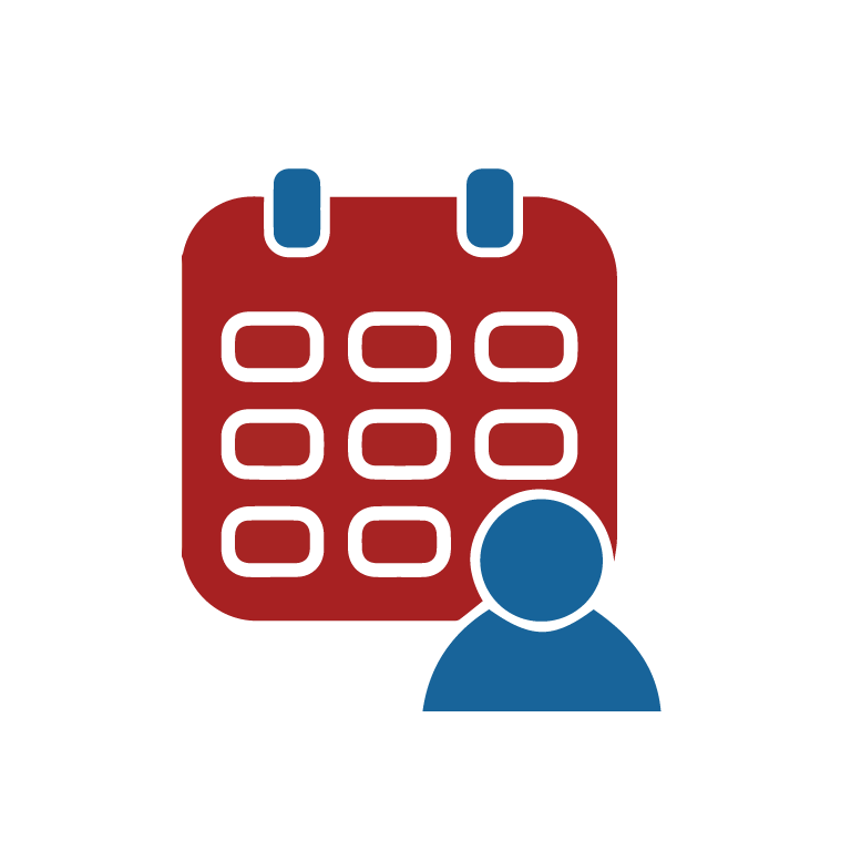 illustration with red calendar icon and blue person outline over top